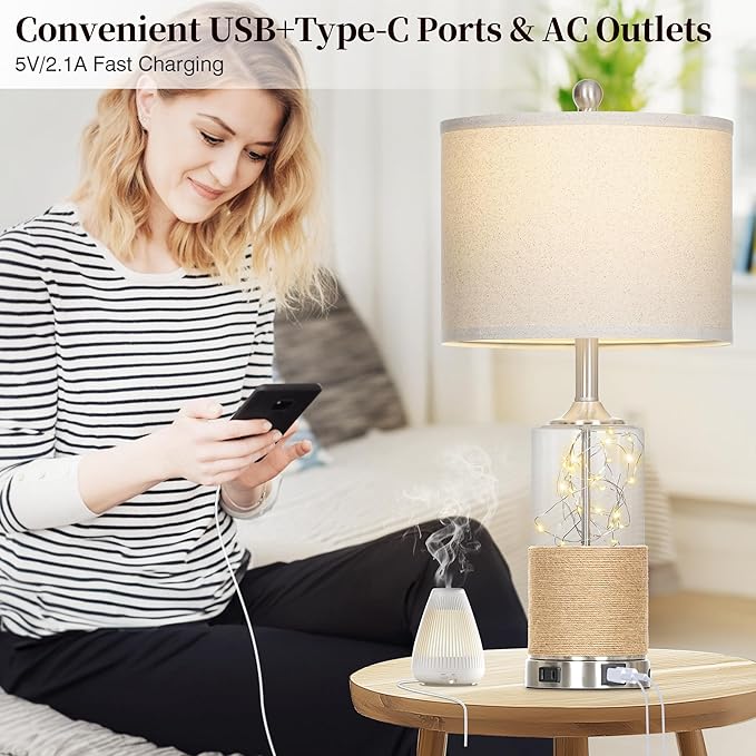 25" Coastal Glass Lamps Set of 2, Touch Control 3-Way Dimmable Night Light Modern Table Lamp with USB A+C Ports & AC Outlets Linen Fabric Shade for Living Room Bedroom Silver Ocean(LED Bulbs Included) - Bloomnest