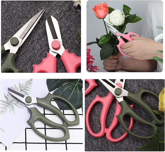 Leize Flower Scissors, Premium Thickened Stainless Steel Floral Shears, Strong Pruner for Flowers, Branches and Leaves (Grey Green Slender 2Pics) - Bloomnest