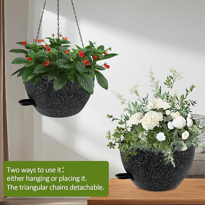 WOUSIWER Self Watering Hanging Planters, 2 Pack 12'' Plastic Pots with Drainage Holes & Reservoir Tray (Speckled Black) | Indoor & Outdoor Use for Ferns, Ivy, Herbs, Succulents - Bloomnest