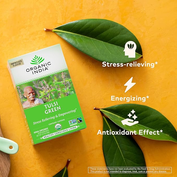 ORGANIC INDIA Tulsi Green Tea Bags - Holy Basil Tea, African Basil, Stress Relieving, Immune Support, USDA Certified Organic, Premium Darjeeling Green Tea, Caffeinated - 18 Infusion Bags, 3 Pack - Bloomnest