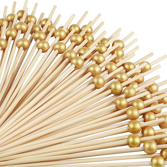 200 PCS Cocktail Toothpicks for Appetizers, Natural Bamboo Coctail Skewers Sticks, Pearl Decorative Cocktail Tooth Picks for Drinks, Fruit, Charcuterie, Wedding Food Party Fancy 4.7 Inch Long, Gold - Bloomnest