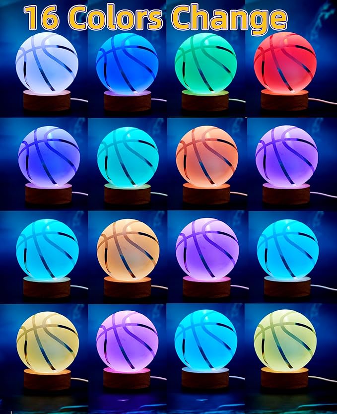 Basketball Crystal Ball Lamp,3.15 inch 3D K9 Crystal Ball Night Light with Wooden Base,Basketball Lamp Light, Gifts for Boys,16 Colors Change with Remote Control (K) - Bloomnest