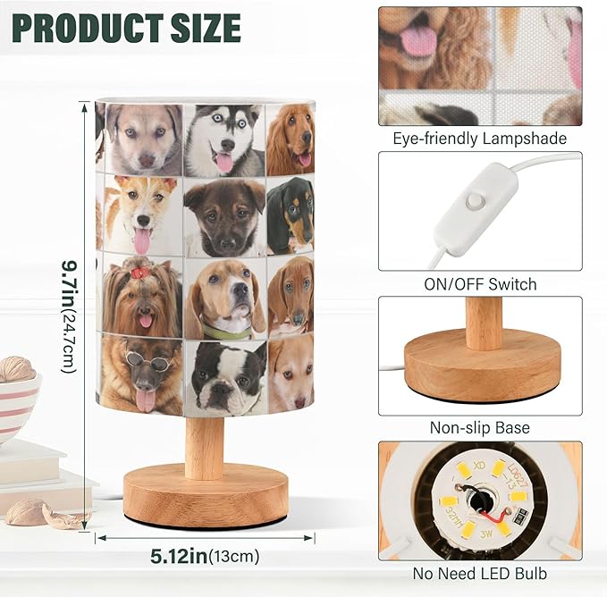 Table Lamp Husky Pug Dachshund Poodle French Bulldog Golden Retriever Dog Nightstand Lamp with Wood Base Fabric Lamp Shade Bedside Desk Lamp for Living Room Bedroom Kids Room Office - Bloomnest