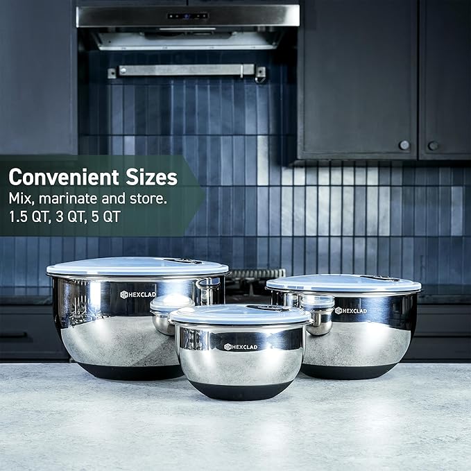 HexClad Stainless Steel Mixing Bowl Set, 3-Piece with Vacuum Seal Lids and Non-Slip Base, 1.3,3 and 5 Quarts - Bloomnest