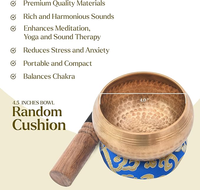 Tibetan Singing Bowl Set-Authentic Cuencos Tibetanos for Sound Healing, Meditation & Chakra Balancing - Includes Cushion, Mallet-Unique Spiritual Gifts for Women and Men (4.5 Inch Bowl) LNYSI