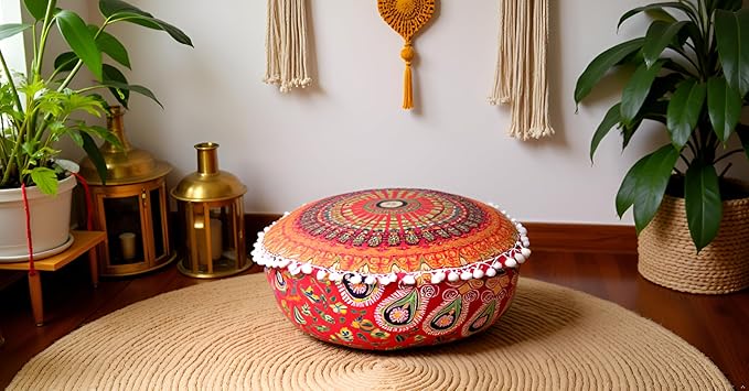 INDIAN CRAFT CASTLE ICC Red Peacock Mandala Barmeri Large Floor Pillow Cover Cushion Meditation Seating Ottoman Throw Cover Hippie Decorative Zipped Bohemian Pouf Ottoman Cases 16" Round - Bloomnest