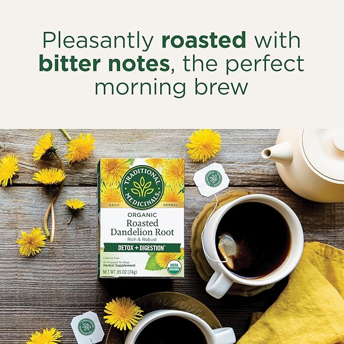 Traditional Medicinals Organic, Roasted, Dandelion Root Tea - Supports Normal Detox + Digestion - Kosher, Non-GMO, Caffeine-Free, Compostable - 16 Tea Bags (Pack of 2) - Bloomnest