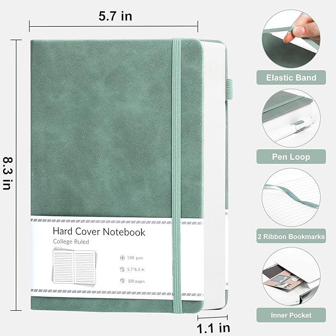 CAGIE Lined Journal Notebook for Women Men 320 Pages 100 Gsm Paper Thick Journaling Notebooks A5 Leather Journals for Writing Hardcover Journal Supplies for Work Note Taking Diary, 5.7x8.3 In, Green - Bloomnest