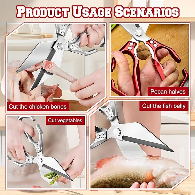 Multifunctional Heavy-Duty Kitchen Shears, Heavy Duty Kitchen Scissors for Food with Ergonomic Handle,Stainless Steel Culinary Shears for Chicken Meat Seafood Bone Cutting,Cooking Accessories(Sliver) - Bloomnest