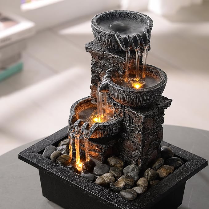 Kalona Tabletop Fountain 3 Bowls with LED Light Soothing Water Flowing Sound Fountain Zen/Meditation Home/Office Decor Home Décor Relaxation Indoor (23113) - Bloomnest