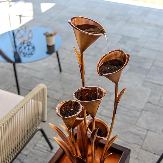 XBrand Freestanding Sculptural Metal Multi-Tiered Flower Water Fountain, No LED Lights, Bronze, 46" Tall