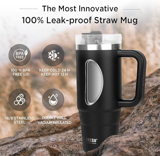 Tyeso 30 oz Tumbler with Handle, Straw and Lid - Leak Resistant Insulated Stainless Steel Water Bottle, Car Cup Holder Friendly Travel Coffee Mug Black - Gifts for Men & Women - Bloomnest