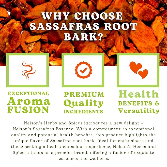 Nelson’s Tea - Sassafras Root Bark Cut & Sifted - Caffeine Free - Classic Root Beer Herbal Blend Tea, Premium Sassafras Albidum Aroma for Brewing, Mixing & Wellness, Freshly Packed Resealable Bag -4oz - Bloomnest