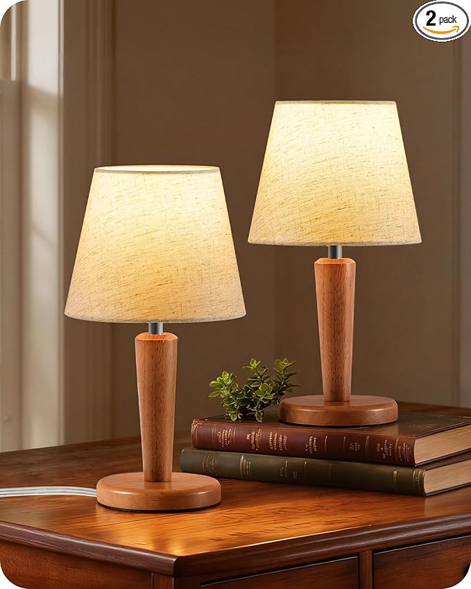 12”Wood Bedside Table Lamps Set of 2, Small Desk Lamps for Small Places, 3 Color Temperatures with Memory,Beige Linen Shade & E26 Bulbs, for Bedroom Living Room Office LE13TLP205 - Bloomnest