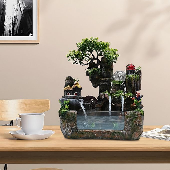 110V 3.5W Tabletop Water Fountain, Indoor Rockery Stream Desktop Fountain Waterfall with Atomizer & Auto Pump, Led Illuminated Waterfall, Zen Décoration for Meditation for Good Luck & Wealth