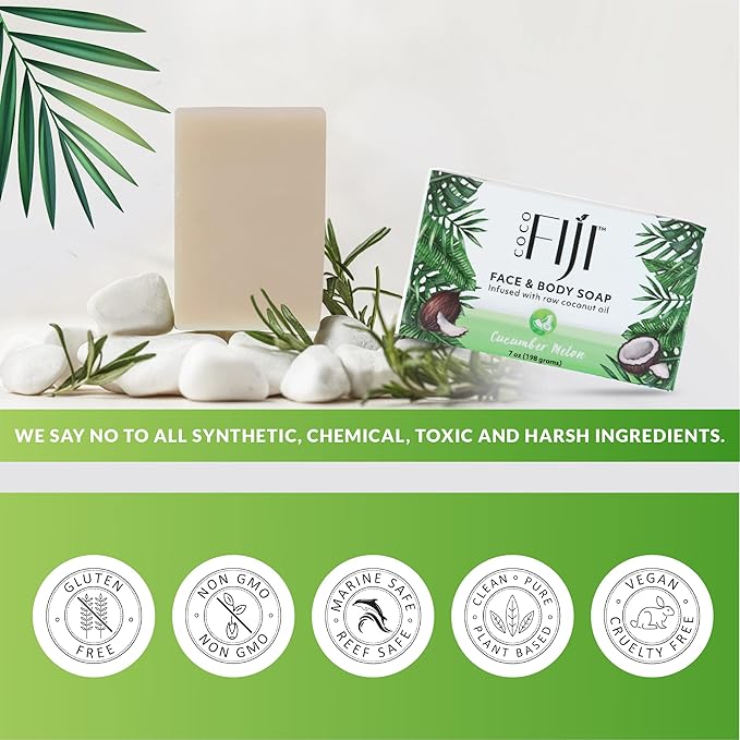 "Coco Fiji Soap Bar for Face and Body Infused With Organic Coconut Oil, Cucumber Melon, Essential Oil, Natural Soap for Moisturizing & Pore Purifying Skin, 7 oz, Pack Of 3 " - Bloomnest