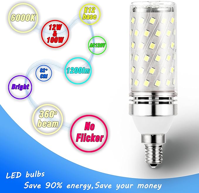 E12 100W Led Candelabra Bulbs Replacement, 6000k Daylight Bright White, E12 12W Led Candle Light Bulbs T6 C7 1200lm, E12 Base Chandelier Pendant Ceiling Fan Bulbs, Non-Dimmable, 4Pack - Bloomnest
