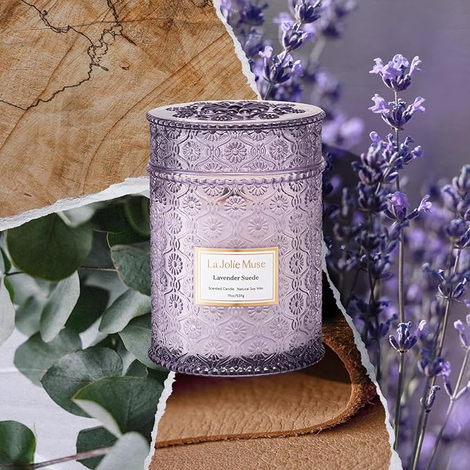 LA JOLIE MUSE Lavender Suede Candle – Eucalyptus, Lavender & Sandalwood 19 oz Large Wooden Wick Candle | Natural Soy Wax | 90 Hours Clean Burn | Aromatherapy Candle for Relaxation - Bloomnest