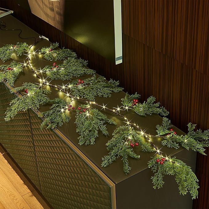 Birchlitland Christmas Garland with Lights Cadar Lighted Garland Battery Operated with Timer or USB Light 6FT 80 LED Fairy Lights, Faux Vine with Lights for Mantel Fireplace and Holiday Decor - Bloomnest