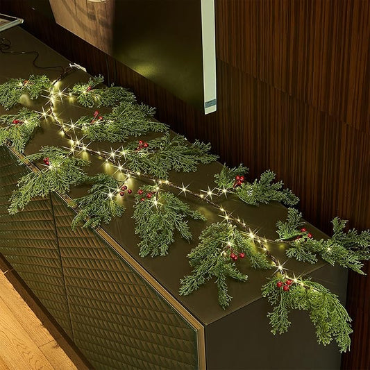 Birchlitland Christmas Garland with Lights Cadar Lighted Garland Battery Operated with Timer or USB Light 6FT 80 LED Fairy Lights, Faux Vine with Lights for Mantel Fireplace and Holiday Decor - Bloomnest
