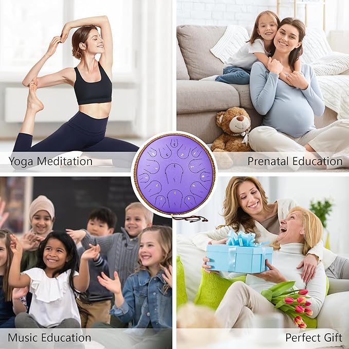 Steel Tongue Drum - 14 Inch 15 Note Tongue Drum - Hand Pan Drum with Music Book, Handpan Mallets and Carry Bag, C Major, Purple - Bloomnest