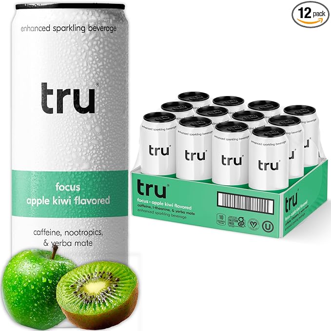 Tru Focus Seltzer, Sparkling Water with Green Tea Extract, Yerba Mate, L Theanine & Real Apple Kiwi Juice, Sweetened with Monk Fruit & Stevia, Gluten Free, Vegan, Sugar Free, 12 FL OZ Cans, 12 Pack - Bloomnest