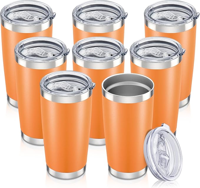 20 oz Tumbler with Lid Stainless Steel Insulated Tumblers Bulk Double Wall Vacuum Cups Powder Coated Travel Mug Keep Drink Cold and Hot, Orange, 8 Pack