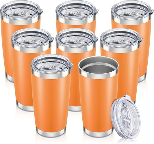 20 oz Tumbler with Lid Stainless Steel Insulated Tumblers Bulk Double Wall Vacuum Cups Powder Coated Travel Mug Keep Drink Cold and Hot, Orange, 8 Pack