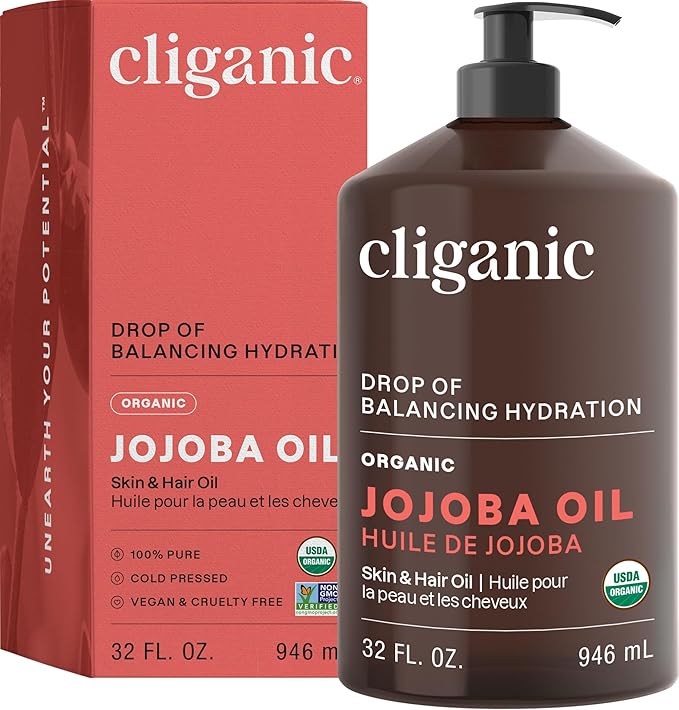 Cliganic Organic Jojoba Oil 32 oz, 100% Pure | Bulk, Natural Cold Pressed Unrefined Hexane Free Oil for Hair & Face - Bloomnest