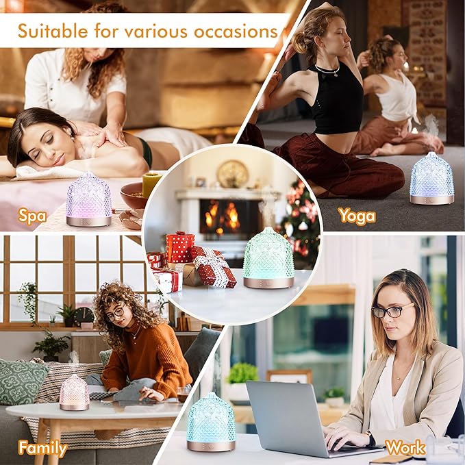 200ml Glass Reservoir Essential Oil Diffuser with Glass Dome Ultrasonic Aromatherapy Diffuser with Four Timer Colorful Light Auto-Off for Home Office Bedroom - Bloomnest