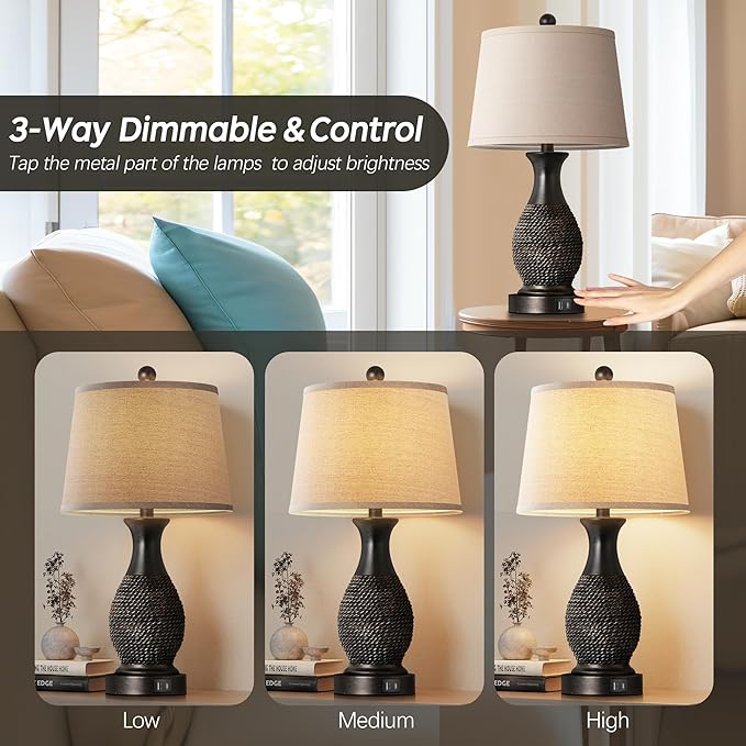 PARTPHONER Table Lamps Set of 2, Bedside Touch Lamp with USB C+A Charging Ports, Side Table Lamp with Linen Fabric Shade (LED Bulbs Included), Black with Gold Accents - Bloomnest