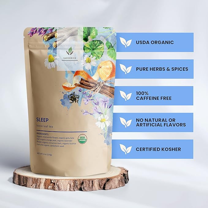 Gardenika Organic Sleep Loose Leaf Tea with Chamomile and Lavender Flowers, Herbal, Caffeine Free, KSA Kosher, Ayurvedic Blend - 4 oz (1 Pack) - Bloomnest