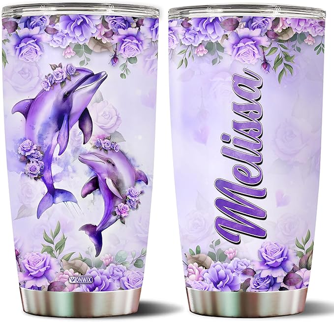 Personalized Dolphin Tumbler Customized Name Dolphins Coffee Mug Gifts For Women Girls Custom Water Bottle Mugs 20oz Gift For Adults Christmas Birthday Insulated Stainless Steel Cup With Lid - Bloomnest