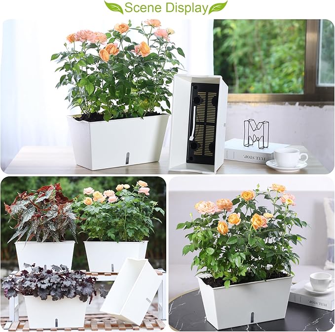 Window Box Planter 6 Pcs, 12.1 Inches Self Watering Plant Pots Rectangle Flower Pots with Drainage Holes and Breathable Trays, Vegetable Planters for Windowsill Patio Garden Balcony Porch Yard (White) - Bloomnest