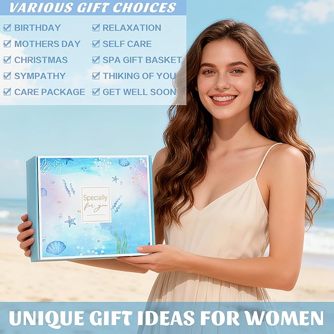 Birthday Gifts for Women, Self Care Get Well Soon Gifts, Ocean Relaxing Spa Gift Basket w/ Luxury Flannel Blanket & 40 oz Tumbler, Thinking of You Gifts, Christmas Gift for Mom Wife Sister Friend