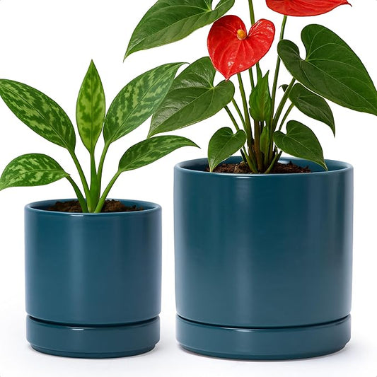 D'vine Dev 4.7 Inch & 6.5 Inch Ceramic Planter Pots for Plants with Drainage Hole and Saucer, Small Plant Pots Set, Teal, 94-G-S-9 - Bloomnest