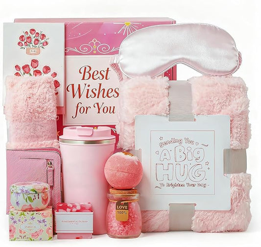 Birthday Gifts for Women Self Care Gifts Get Well Soon Gifts Basket, Gift Baskets for Women Care Package Relaxing Spa Gifts Thinking of You Gifts Her Fantasy Box for Mom Her Friend Sister Wife (Pink)