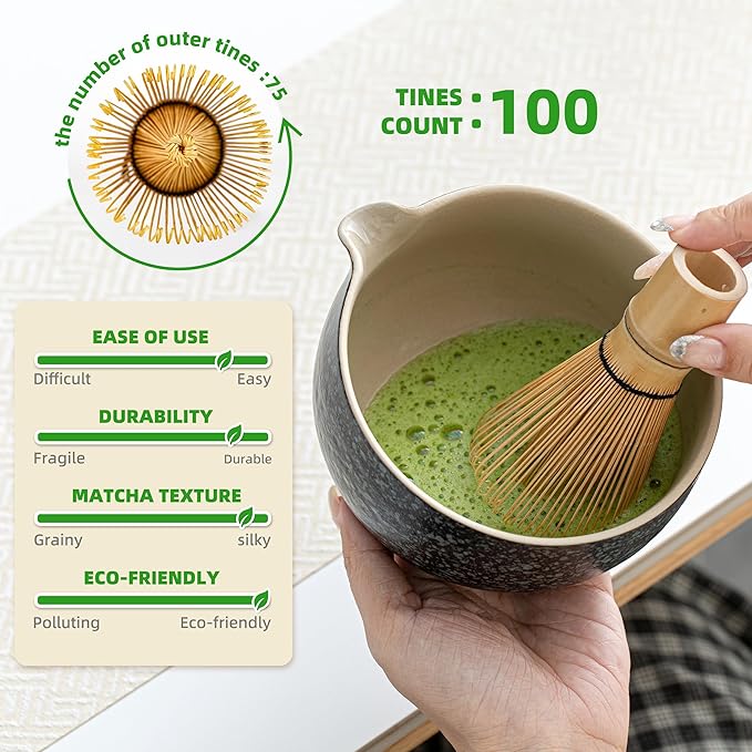 TEANAGOO Matcha Whisk Set,10 Pcs Complete Set Black,Matcha Kit for Ceremony,Matcha Tea Set with Tray,Matcha Whisk Set and Ceramic Bowl with Scoop&Sifter&Powder Jar,Gift for Matcha Lover - Bloomnest