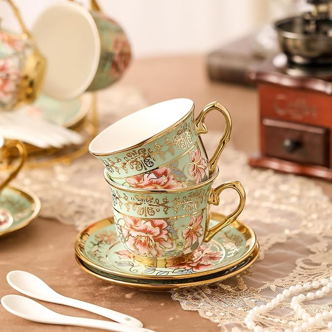 20 Pieces Porcelain Tea Set With Metal Holder, European Ceramic tea set for adults,Flower Tea Set,Tea Set For Women With Flower Painting（Light Green） - Bloomnest