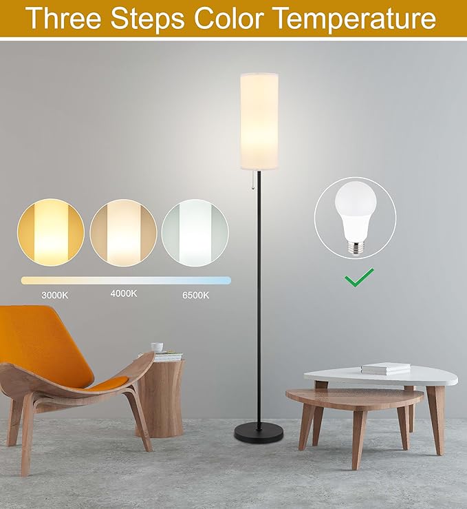 Floor Lamp for Living Room, Modern Standing Lamps with Lampshade, Minimalist Tall Lamp with Chain Switch for Living Room, Bedroom, Kids Room, Office,Standing Lamp LED Bulb Included (White Shade) - Bloomnest