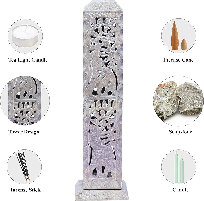 Crocon Handmade Incense Tower Burner Soapstone Leaf Design Tea Light Candle Holder | Incense Burner | Livingroom Decorative and Home Decor Best Gift Set - 3X3X11 Inch