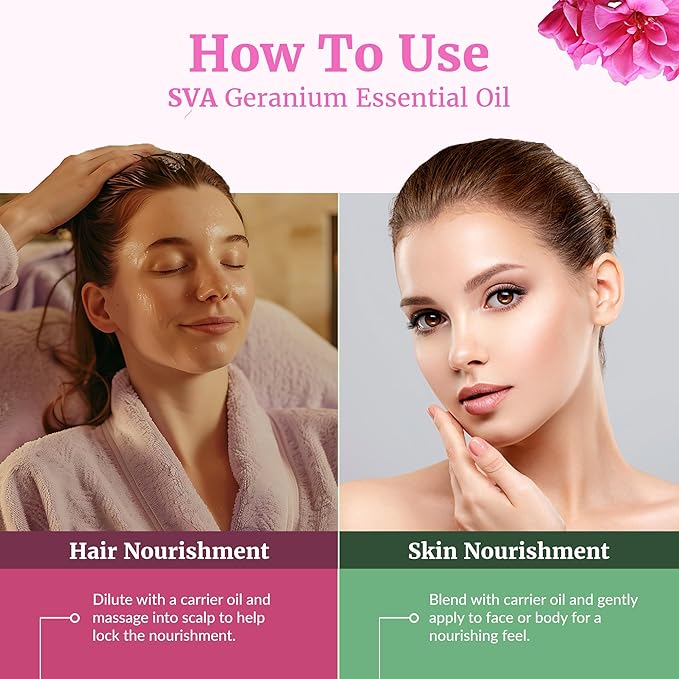SVA Geranium Essential Oil Organic – 1 Fl Oz – 100% Natural Organic Geranium Oil - for Diffuser, Hair Care, Face, Skin Care, Aromatherapy, Scalp and Body Massage, Soap and Candle making – with Dropper - Bloomnest