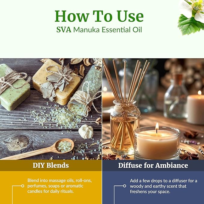 SVA Manuka Essential Oil – 1/3 Fl Oz – 100% Natural Manuka Oil - for Diffuser, Hair Care, Face, Skin Care, Aromatherapy, Scalp and Body Massage, Soap and Candle Making - Bloomnest