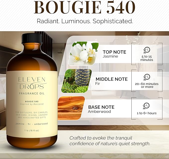 Bougie 540 Diffuser Oil – Premium Fragrance Oil with Radiant Amber & Jasmine Notes – Elegant Aroma for Cold Air Diffusers, Home, Office, Candle Making, Pet Friendly, 16 Fl.Oz Glass Bottle - Bloomnest