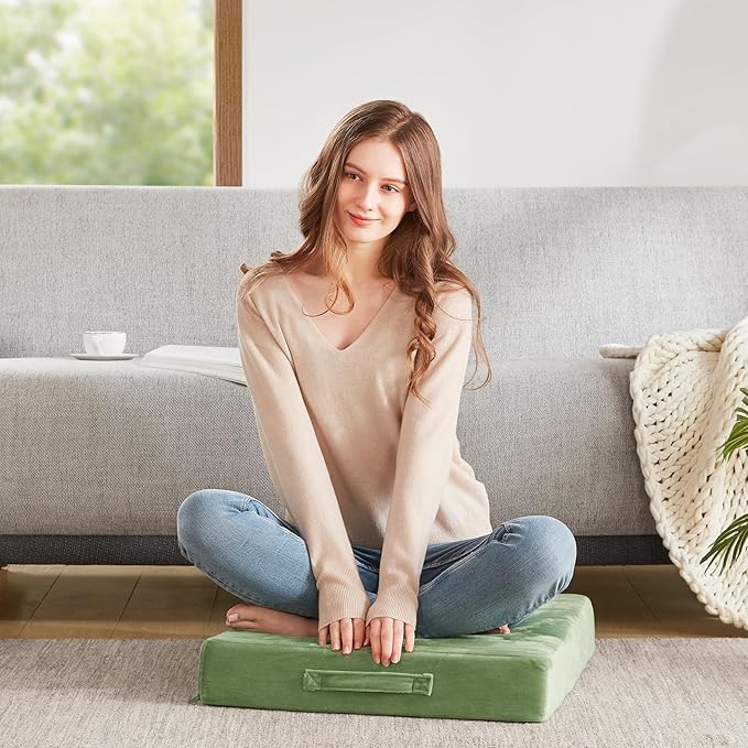 Codi High Density Foam Floor Pillow 2 Sets, Large Meditation Cushions Seating for Adults and Yoga Sitting, Washable Thick Couch Cushion with Soft Tufted Covers - 22 * 22 * 5inch Green