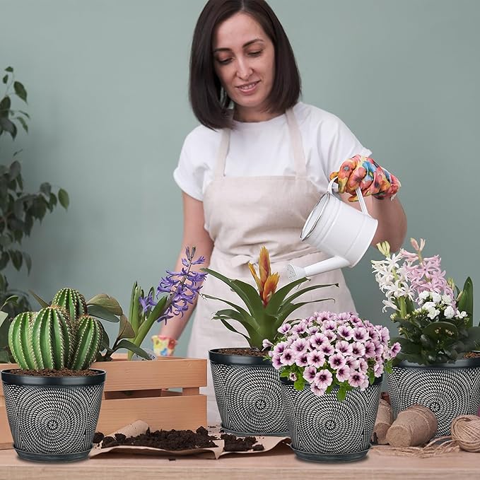 Quarut 12 Inch 4 Pack Large Plant Pots, Plastic Flower Pot for Indoor & Outdoor with Drainage Holes & Saucer, Circle Pattern Planters Garden Pots for Herbs - Bloomnest