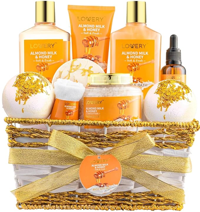 Gifts for Women Gift Basket for Women - 10 Pc Almond Milk & Honey Beauty & Personal Care Set - Valentines Day Gifts for Her Home Bath Package - Spa Self Care Kit - Birthday, Mom, Anniversary Gift - Bloomnest