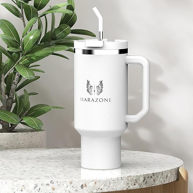 40 oz Insulated Tumbler with Handle and Straw - Stainless Steel Double Wall Vacuum Cup, Car Cup Holder Compatible Hot Cold Travel Mug, BPA Free Reusable Water Bottle for Women Men, Pure white - Bloomnest