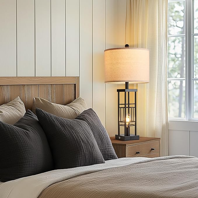 Table Lamp for Living Room Set of 2 with USB Charging Ports, 3-Way Dimmable 27.6" Farmhouse End Lamps for Bedroom, Rustic Bedside Lamp, Industrial Nightstand Lamps,Bulbs Included(Black) - Bloomnest