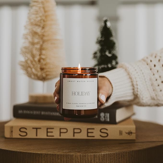 Sweet Water Decor Holiday Candle | Cloves, Pine, and Sandalwood Festive Christmas Scented Soy Candles for Home | 9oz Amber Jar, 40 Hour Burn Time, Made in The USA - Bloomnest